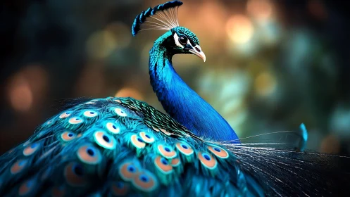 Iridescent blue peacock portrait with defocused bokeh light.
