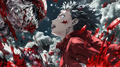 Anime fighter confronts monstrous creature in midair clash