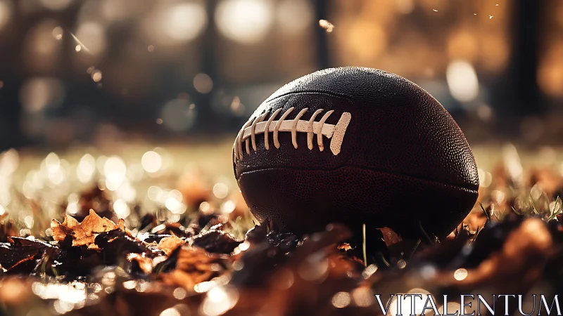 Football rests on autumn leaves under shallow depth of field
