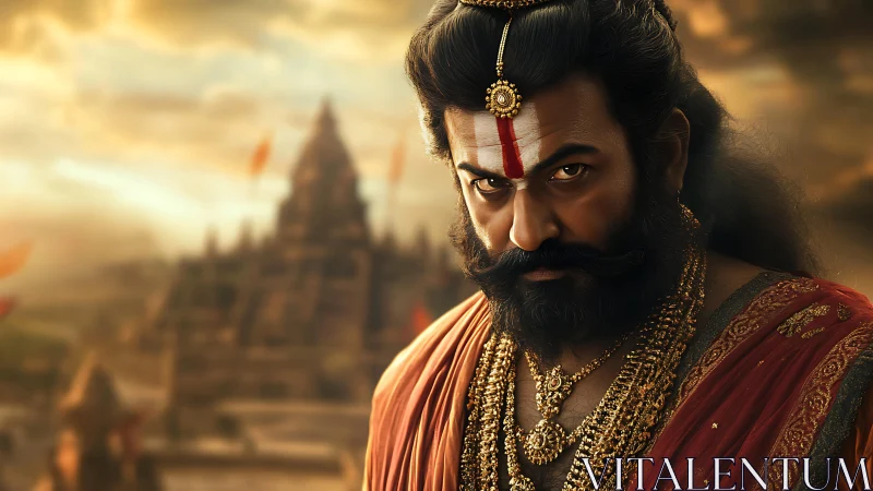 Regal warrior in ornate attire stands before ancient temple