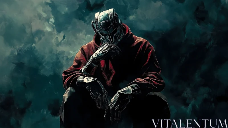 Brooding cyborg in red hoodie against stormy abstract sky.