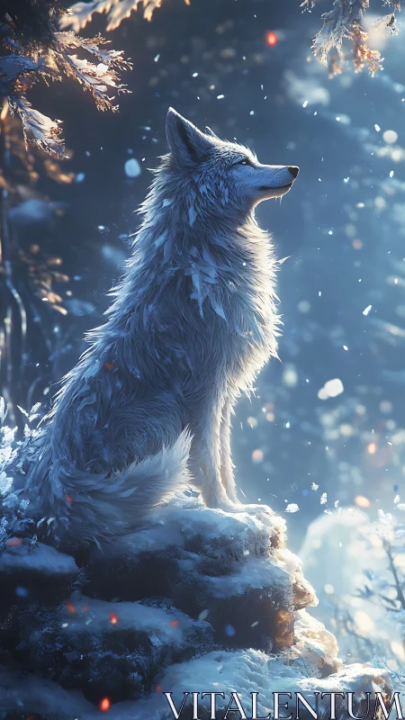 Luminous white wolf on snowy cliff in backlit winter forest