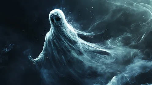 Translucent spectral figure in swirling dark environment.