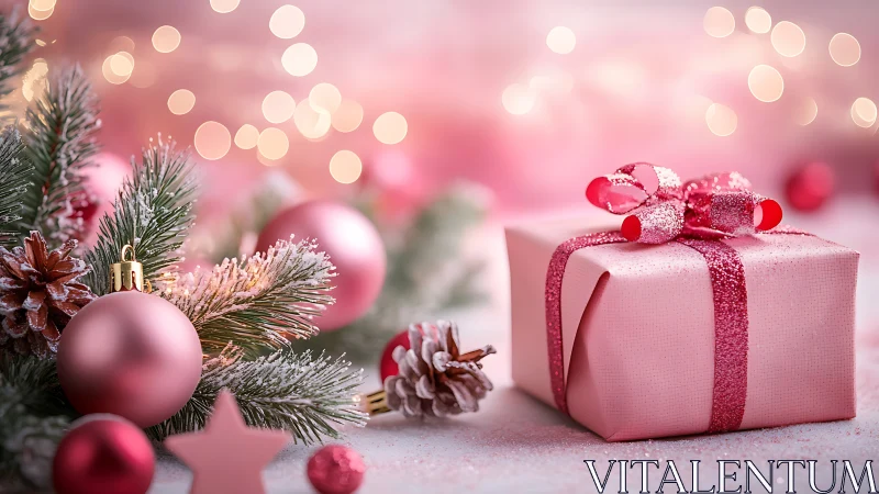 Pink Christmas gift box rests beside frosted baubles