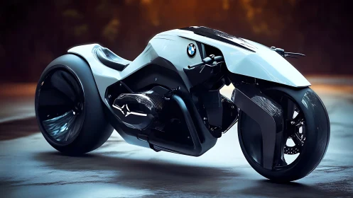 Futuristic BMW concept motorcycle stands on wet reflective ground