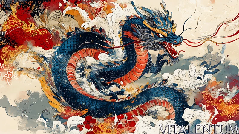 Fiery sky dragon coils through swirling clouds in bold color