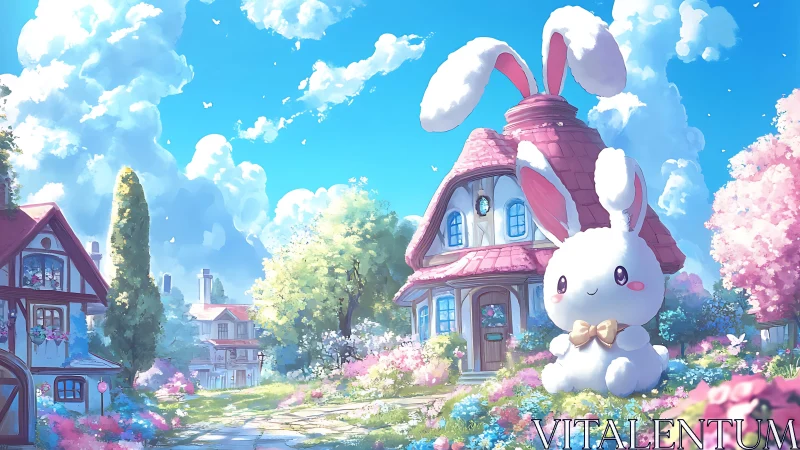 Whimsical bunny-house village in luminous anime spring light.