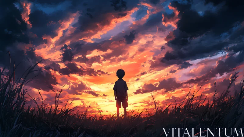 Silhouetted child studies a dramatic anime-style sunset sky