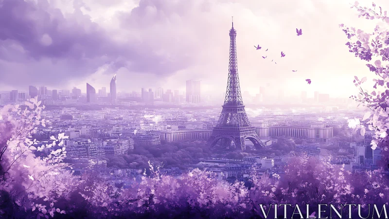 Lavender toned Eiffel Tower view over central Paris skyline.