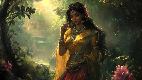Forest-silk dreamer in golden sari under whispering light.