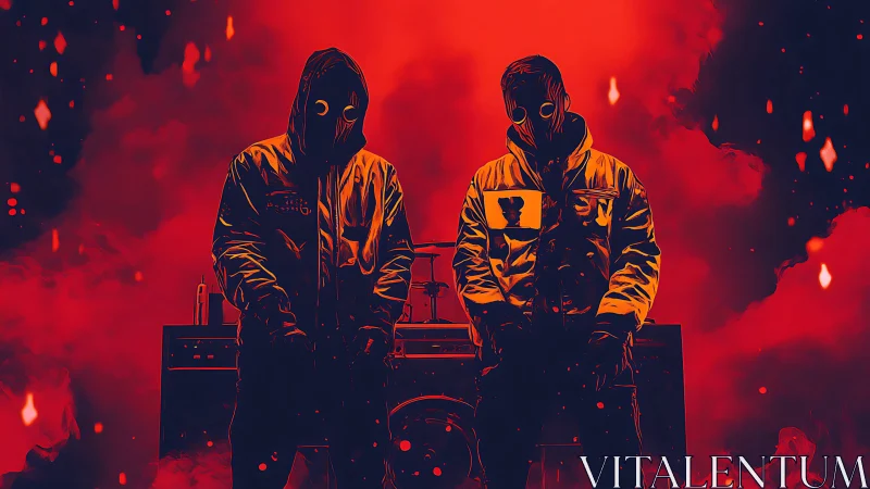 Masked duo before red inferno with stylized urban backdrop.