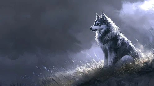 Lone twilight wolf resting quietly at the storm’s gentle edge.