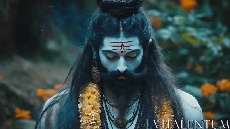 Meditative blue ascetic with sacred markings and garlands.