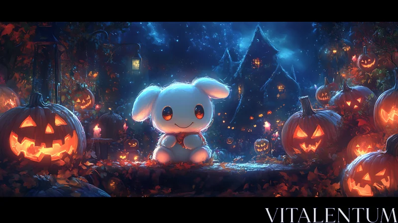 Luminous plush rabbit amid spectral jack-o-lantern array at dusk.