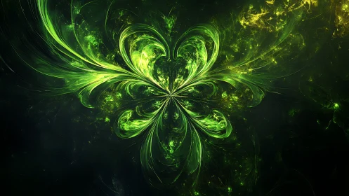 Green fractal light forms symmetrical abstract floral structure