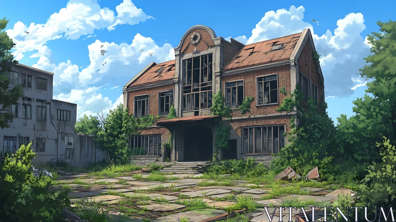 Sunlit ivy quietly reclaims a forgotten brick schoolhouse