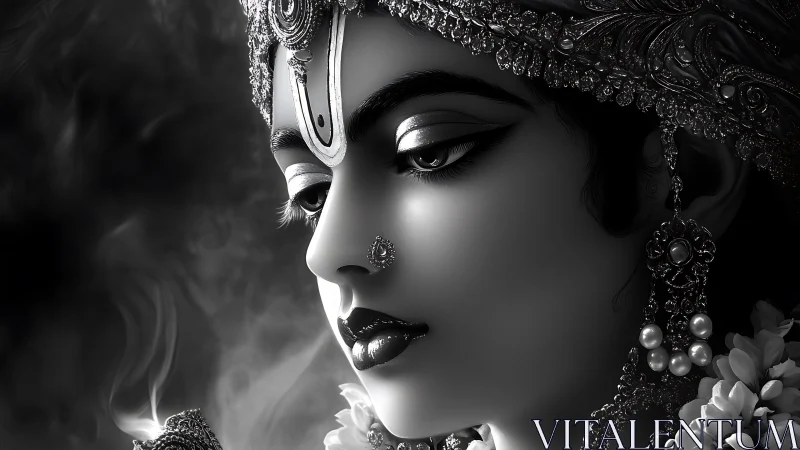 Monochrome divine portrait with jeweled headdress detailing.