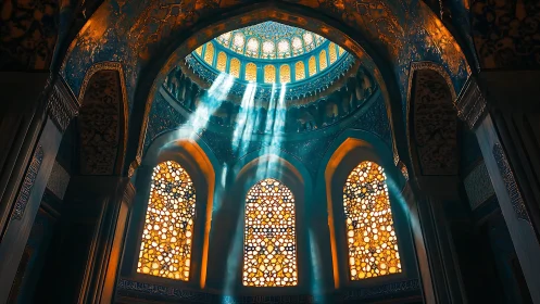 Sunlit stained-glass dome illuminates ornate sacred hall.