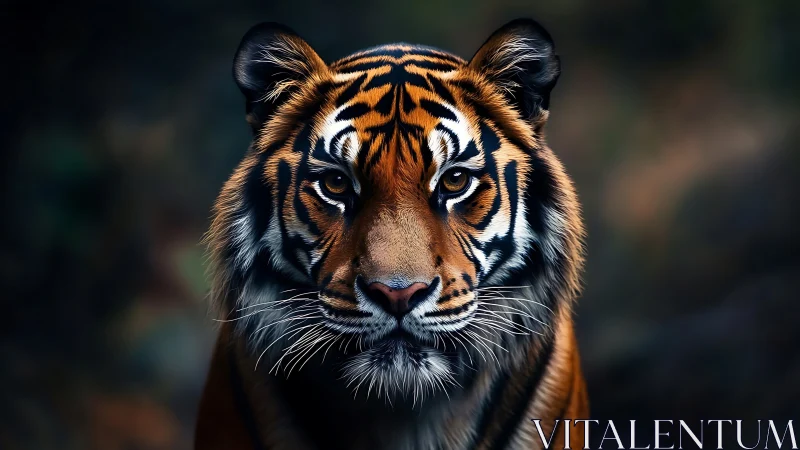 Tiger portrait captures intense gaze in low forest light