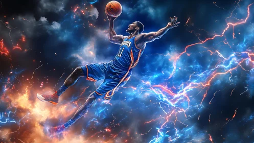 Basketball player rendered midair against electric sky field