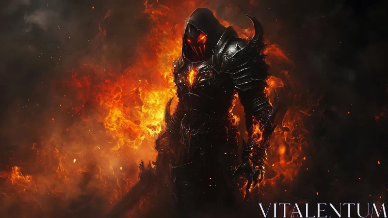Armored infernal warlord emerges from flames in high contrast