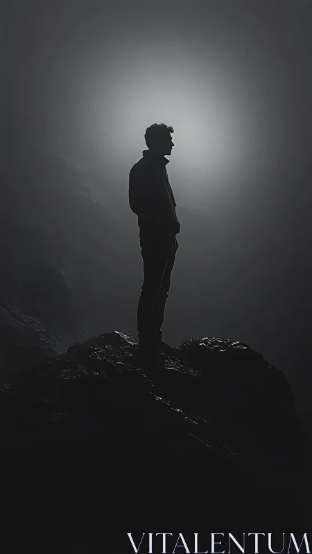 Silhouette of person on rocky outcrop in dense backlit fog.
