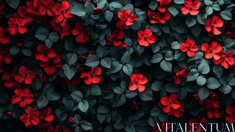 Overhead Botanical Composition: Vibrant Red Geraniums Against Deep Teal Foliage
