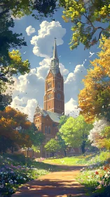 Sunlit brick clocktower rises above lush spring garden