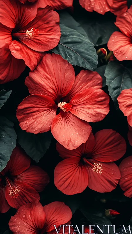 Hibiscus Flores in Vivid Crimson: Macro Detail Photography with Dark Foliage