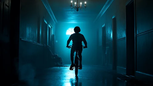 Backlit child cyclist silhouettes against moody corridor haze