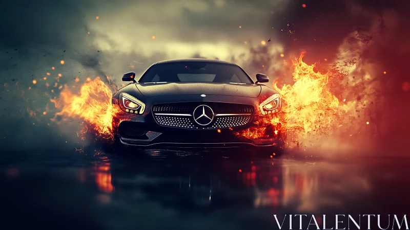 Black Mercedes-AMG Engulfed in Explosive Flames and Particles