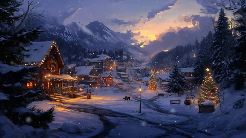 Alpine winter village at dusk with illuminated festive topology.