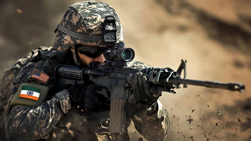 Combat soldier aiming rifle with US and India flag patches.
