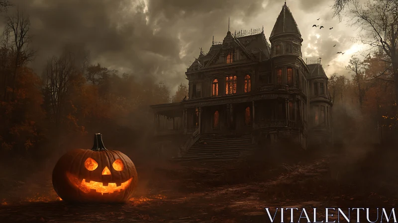 Jack-o-lantern guards eerie Victorian haunted mansion at dusk.