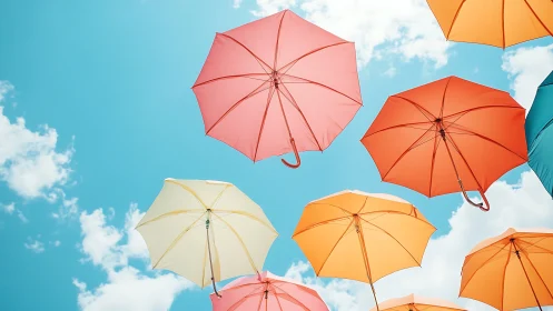Colorful umbrellas float against a bright summer sky.