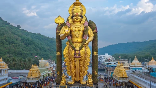 Golden Hindu deity statue towers over crowded hill temple