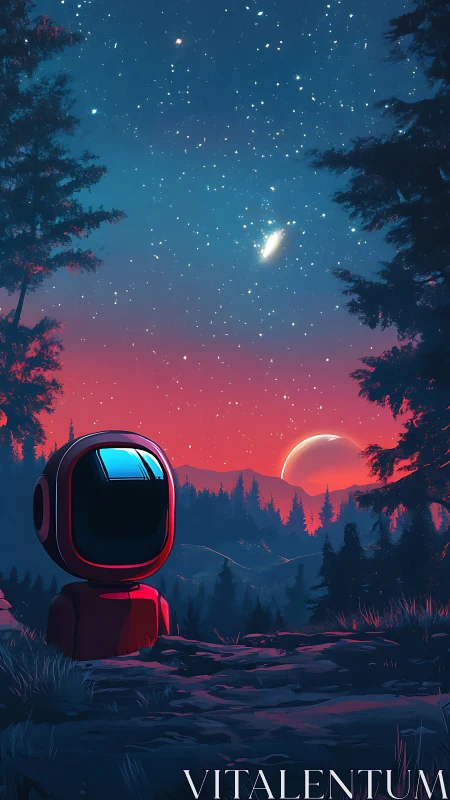 Robot figure observes alien sunset under star-filled sky