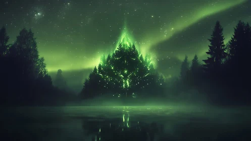 Luminous triangular light over forested lake at night.