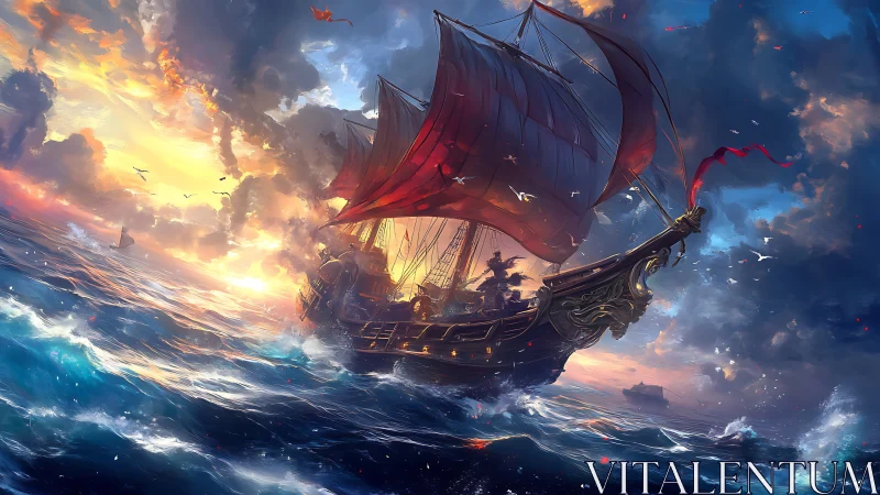 Dramatic pirate ship charges through storm lit by flaming sunset