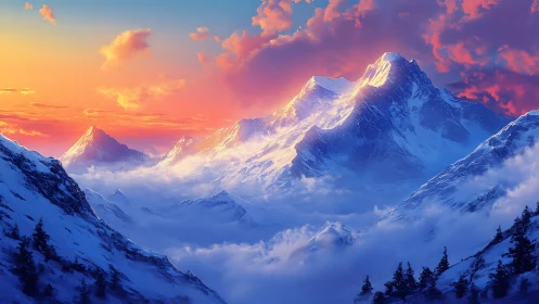 Radiant sunrise paints snow capped mountains in soft pastel light