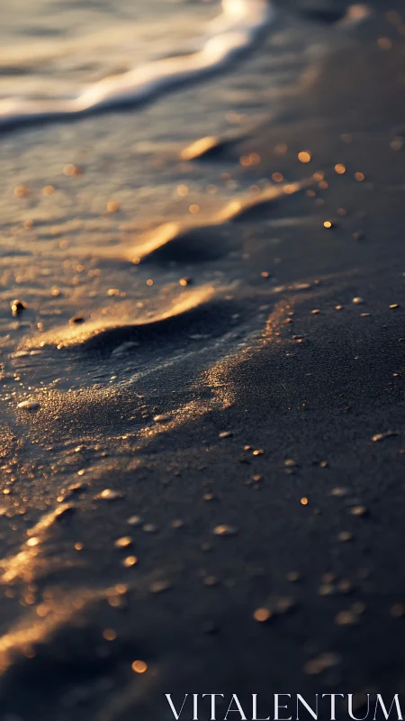 Footprints fading in golden surf along twilight shoreline.