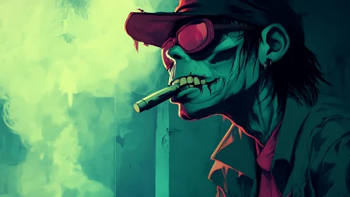 Grim neon skeleton smoker in red cap and goggles profile.