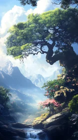 Elder skyroot leans over a mistlit valley of quiet waterfalls