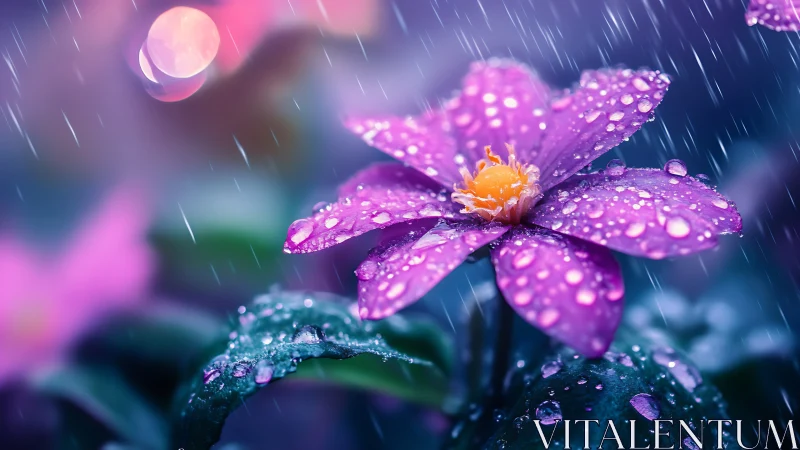 Purple Flower with Dewdrops in Rain. Digital Rendering.