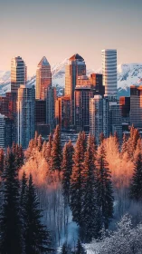 Winter city skyline with sunlit forest and mountains.