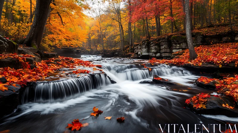Autumn forest stream flows through rocks under vivid foliage