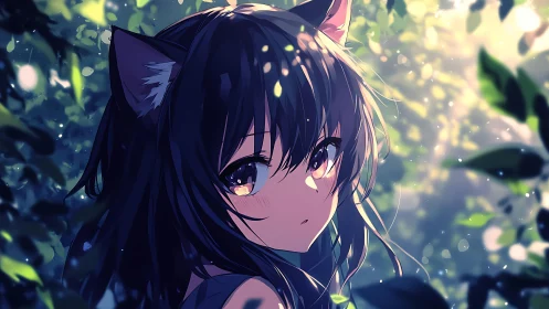 Backlit anime catgirl portrait in luminous forest bokeh