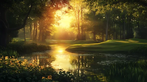 Golden Sunrise Over a Serene Forest Stream and Meadow