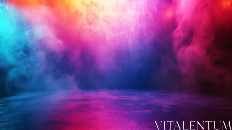 Radiant neon mist drifts above reflective liquid floor.