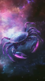 Crab floats in a colorful nebula with glowing purple claws.